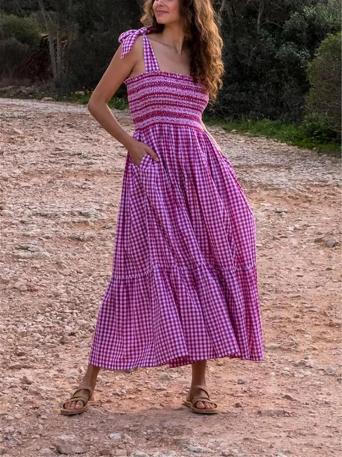 Women Boho Smocked Maxi Dress Bow Tie Shoulder Ruched Bust Backless Flowy Long Dresses Summer Casual Beach Sundress
