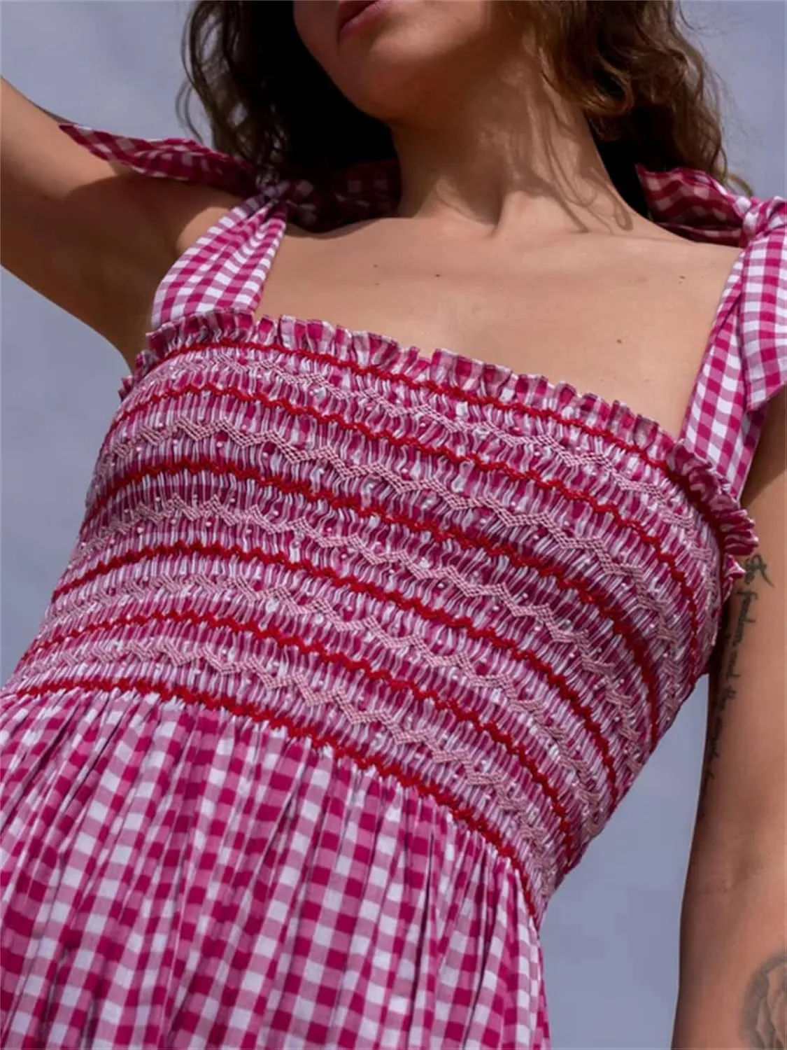 Women Boho Smocked Maxi Dress Bow Tie Shoulder Ruched Bust Backless Flowy Long Dresses Summer Casual Beach Sundress