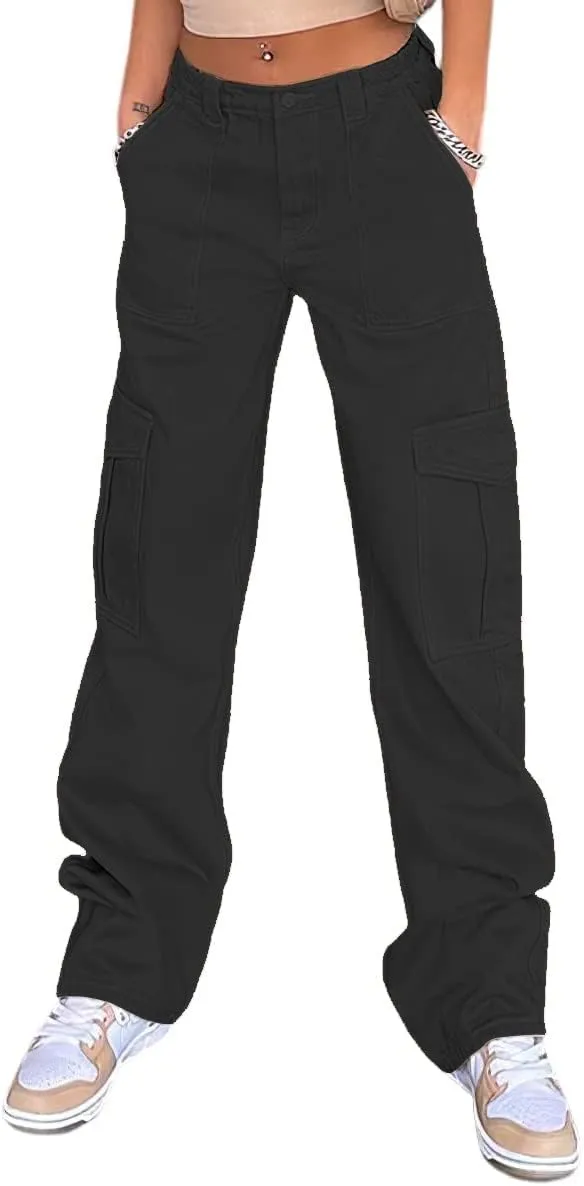 Women Casual Cargo Pants, Solid Color High Waist Straight Wide Leg Pants with Pockets Trendy Baggy Trousers