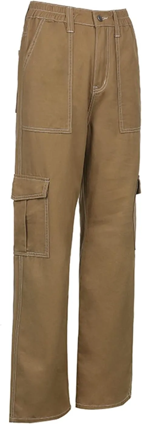 Women Casual Cargo Pants, Solid Color High Waist Straight Wide Leg Pants with Pockets Trendy Baggy Trousers