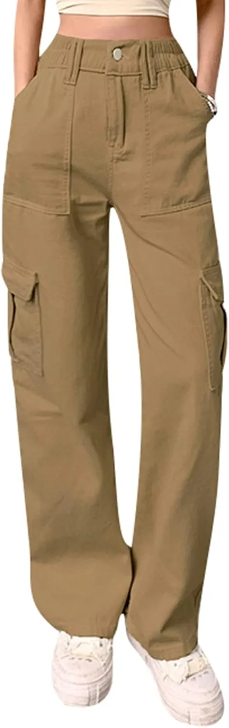 Women Casual Cargo Pants, Solid Color High Waist Straight Wide Leg Pants with Pockets Trendy Baggy Trousers