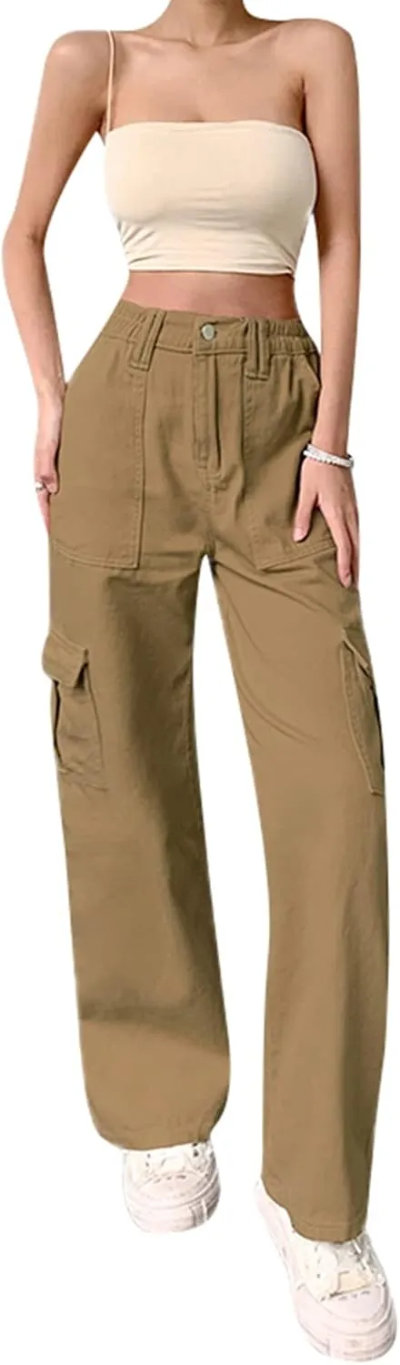 Women Casual Cargo Pants, Solid Color High Waist Straight Wide Leg Pants with Pockets Trendy Baggy Trousers