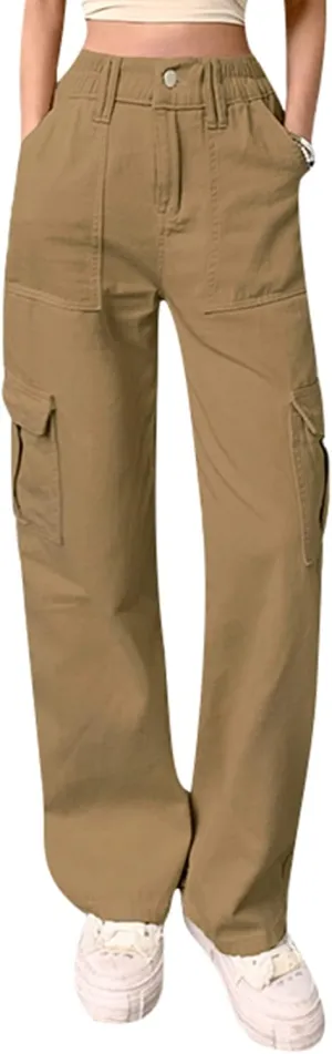 Women Casual Cargo Pants, Solid Color High Waist Straight Wide Leg Pants with Pockets Trendy Baggy Trousers