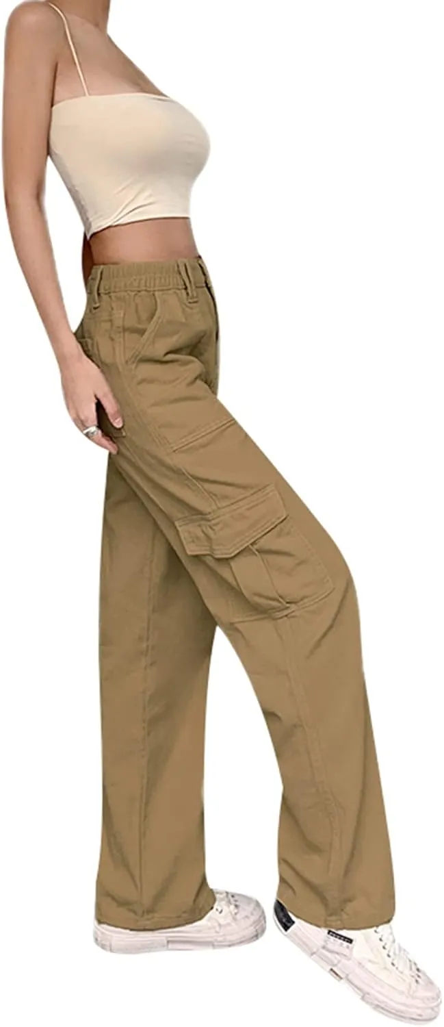 Women Casual Cargo Pants, Solid Color High Waist Straight Wide Leg Pants with Pockets Trendy Baggy Trousers