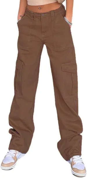 Women Casual Cargo Pants, Solid Color High Waist Straight Wide Leg Pants with Pockets Trendy Baggy Trousers