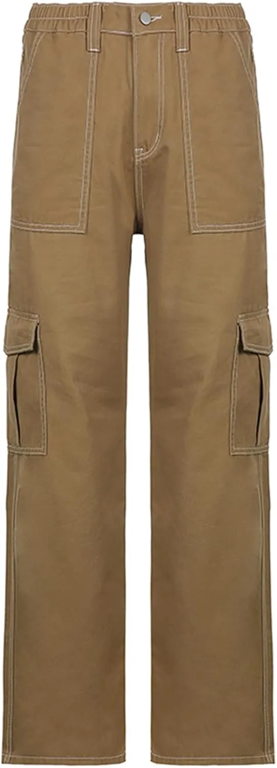 Women Casual Cargo Pants, Solid Color High Waist Straight Wide Leg Pants with Pockets Trendy Baggy Trousers