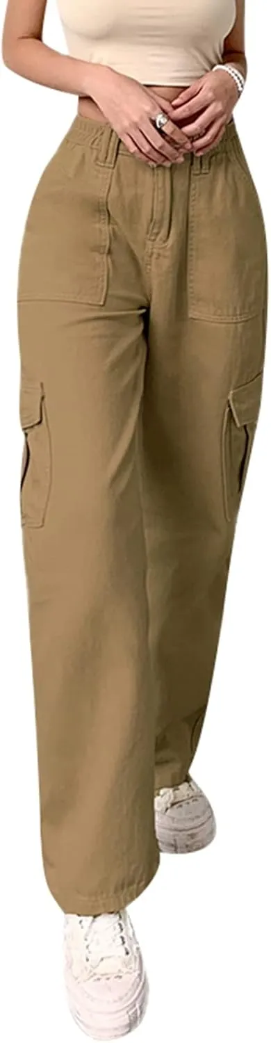 Women Casual Cargo Pants, Solid Color High Waist Straight Wide Leg Pants with Pockets Trendy Baggy Trousers