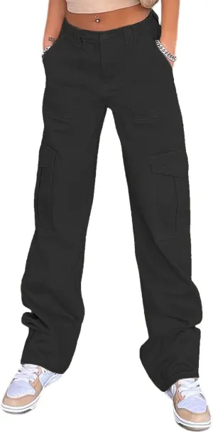 Women Casual Cargo Pants, Solid Color High Waist Straight Wide Leg Pants with Pockets Trendy Baggy Trousers