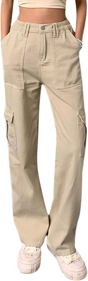 Women Casual Cargo Pants, Solid Color High Waist Straight Wide Leg Pants with Pockets Trendy Baggy Trousers