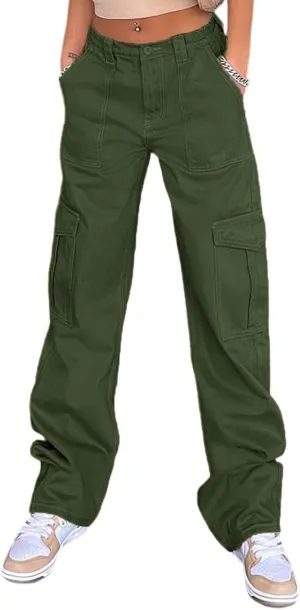 Women Casual Cargo Pants, Solid Color High Waist Straight Wide Leg Pants with Pockets Trendy Baggy Trousers