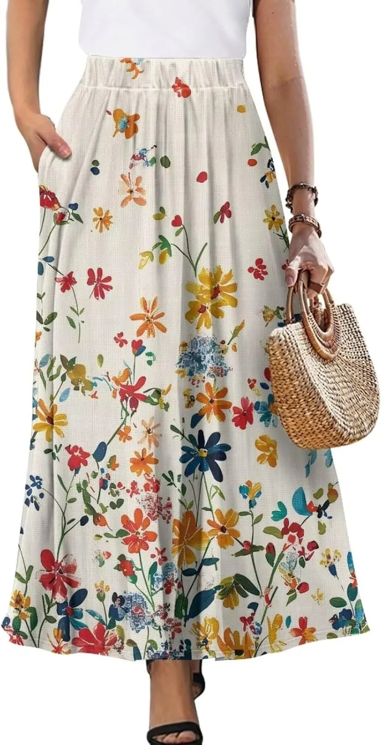 Women Casual High Waist Skirt Summer Boho Maxi A-line Beach Flowy Skirt Elastic Ankel Length Skirts Size S-2XL