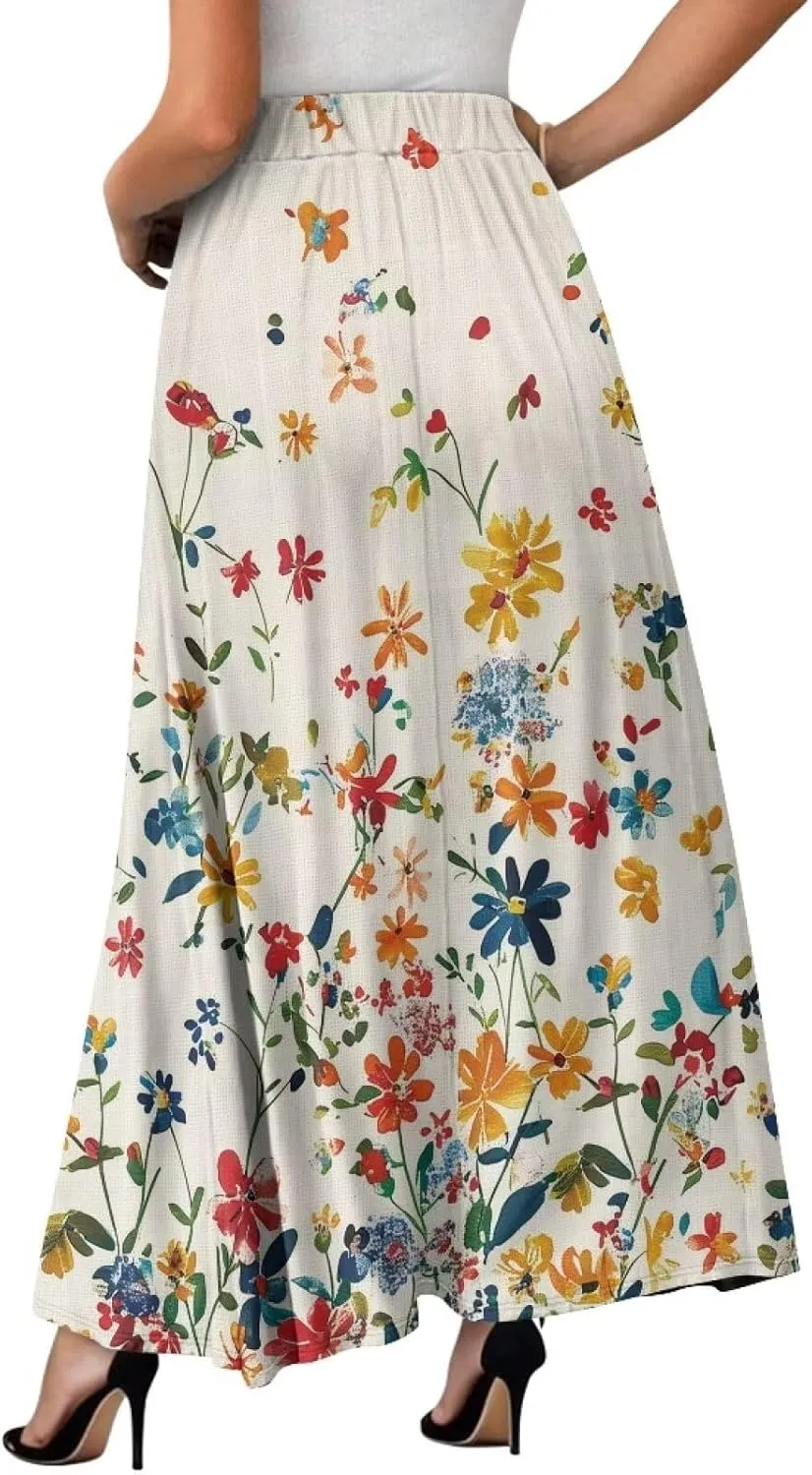 Women Casual High Waist Skirt Summer Boho Maxi A-line Beach Flowy Skirt Elastic Ankel Length Skirts Size S-2XL