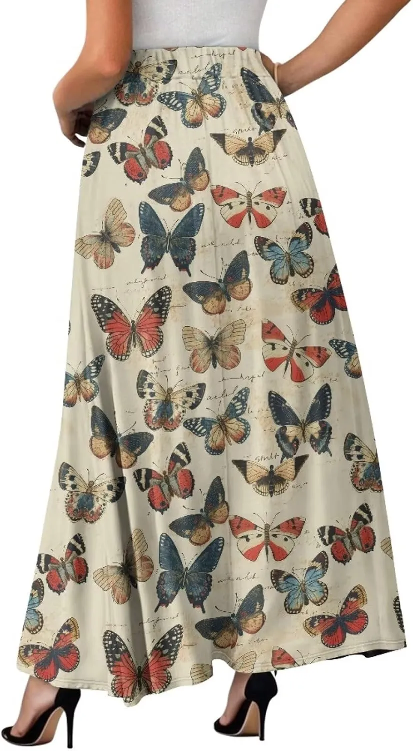Women Casual High Waist Skirt Summer Boho Maxi A-line Beach Flowy Skirt Elastic Ankel Length Skirts Size S-2XL