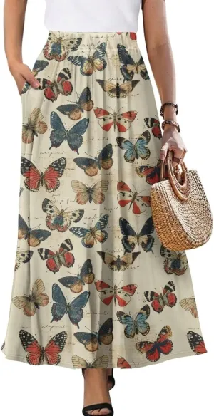Women Casual High Waist Skirt Summer Boho Maxi A-line Beach Flowy Skirt Elastic Ankel Length Skirts Size S-2XL