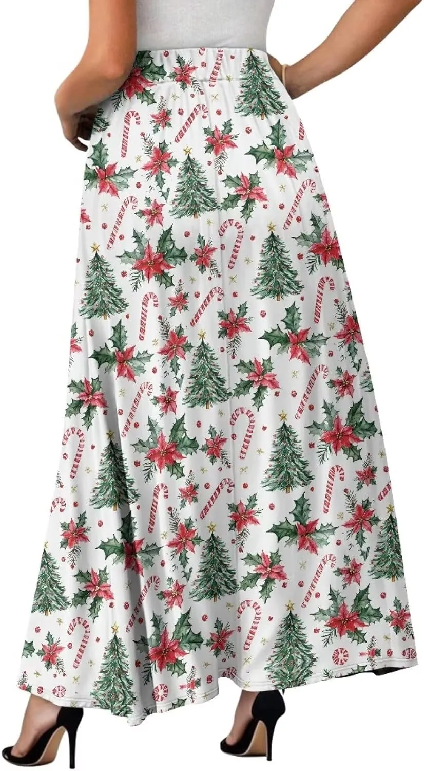 Women Casual High Waist Skirt Summer Boho Maxi A-line Beach Flowy Skirt Elastic Ankel Length Skirts Size S-2XL