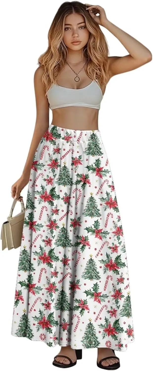 Women Casual High Waist Skirt Summer Boho Maxi A-line Beach Flowy Skirt Elastic Ankel Length Skirts Size S-2XL