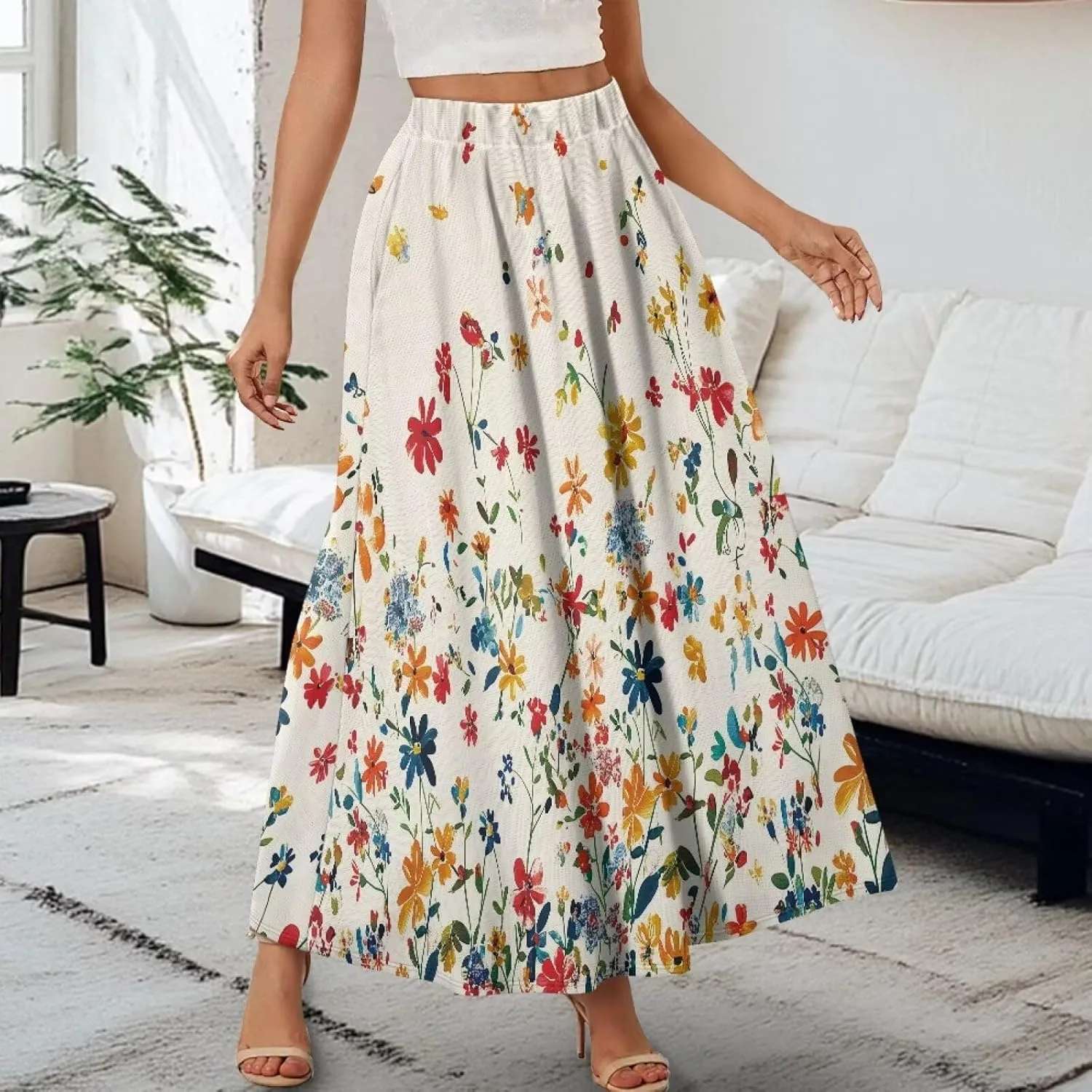 Women Casual High Waist Skirt Summer Boho Maxi A-line Beach Flowy Skirt Elastic Ankel Length Skirts Size S-2XL