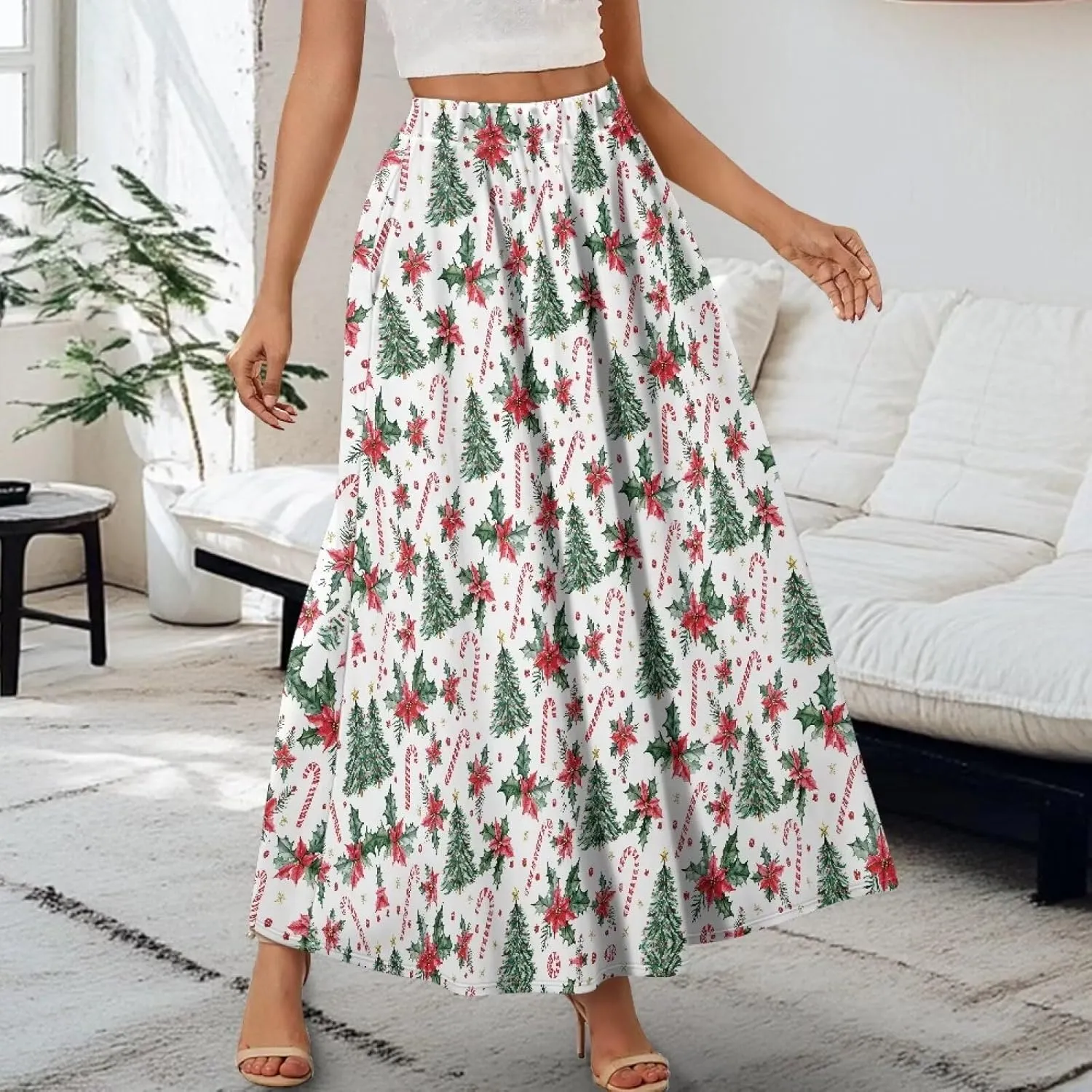 Women Casual High Waist Skirt Summer Boho Maxi A-line Beach Flowy Skirt Elastic Ankel Length Skirts Size S-2XL