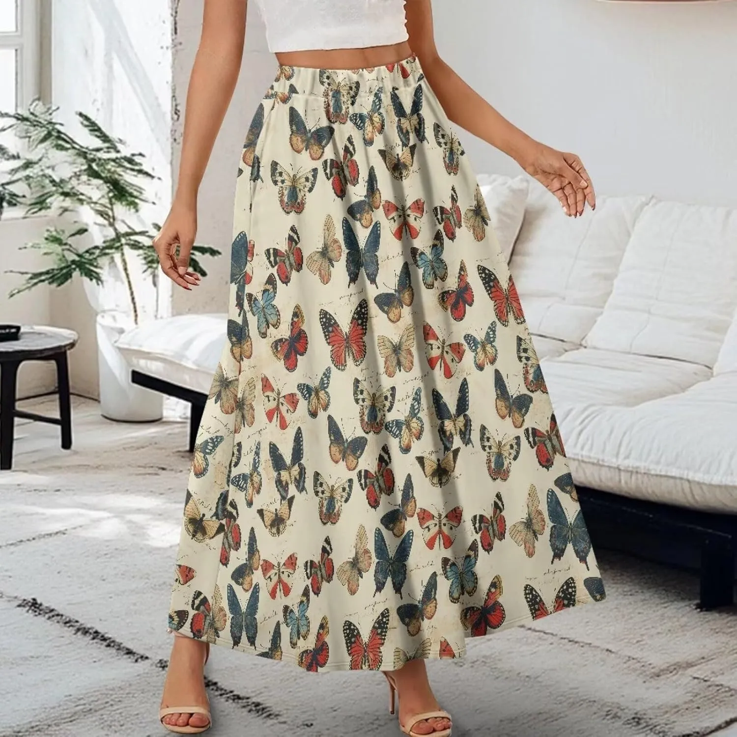 Women Casual High Waist Skirt Summer Boho Maxi A-line Beach Flowy Skirt Elastic Ankel Length Skirts Size S-2XL