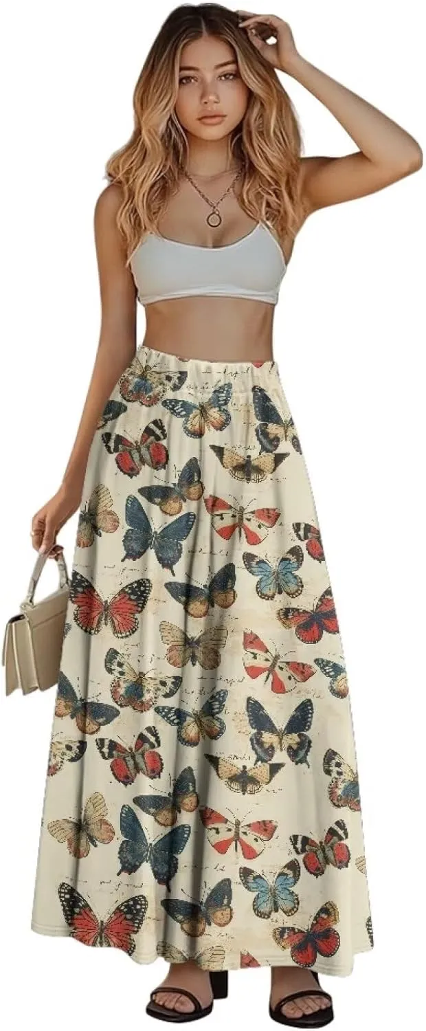 Women Casual High Waist Skirt Summer Boho Maxi A-line Beach Flowy Skirt Elastic Ankel Length Skirts Size S-2XL