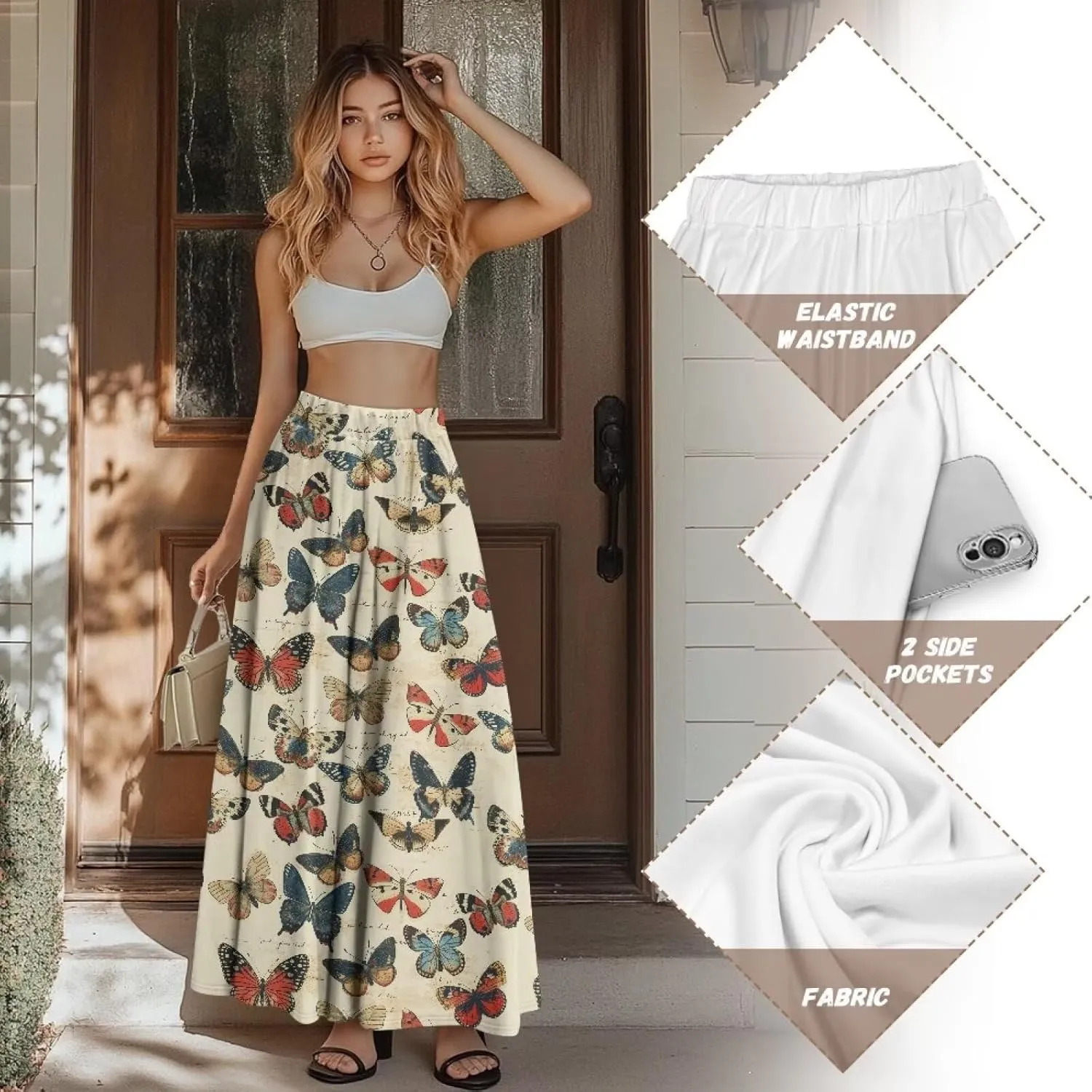 Women Casual High Waist Skirt Summer Boho Maxi A-line Beach Flowy Skirt Elastic Ankel Length Skirts Size S-2XL