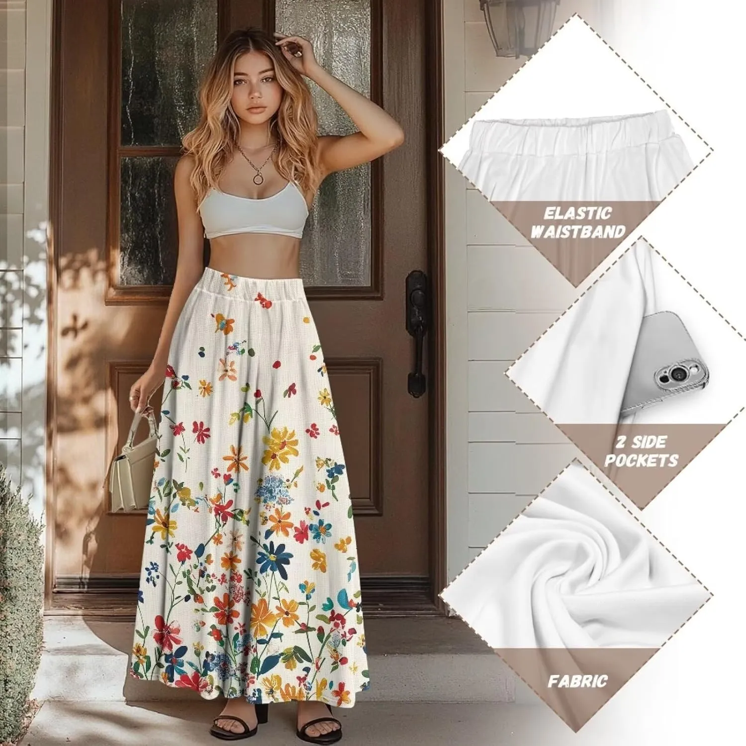 Women Casual High Waist Skirt Summer Boho Maxi A-line Beach Flowy Skirt Elastic Ankel Length Skirts Size S-2XL