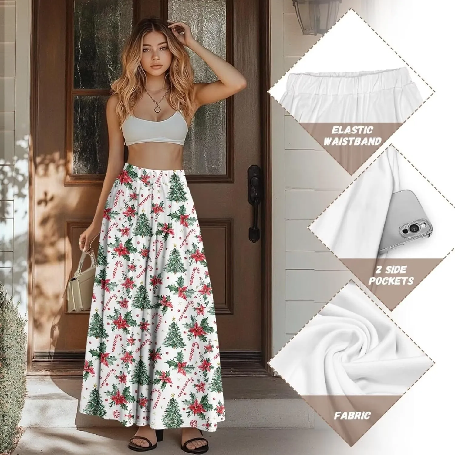 Women Casual High Waist Skirt Summer Boho Maxi A-line Beach Flowy Skirt Elastic Ankel Length Skirts Size S-2XL