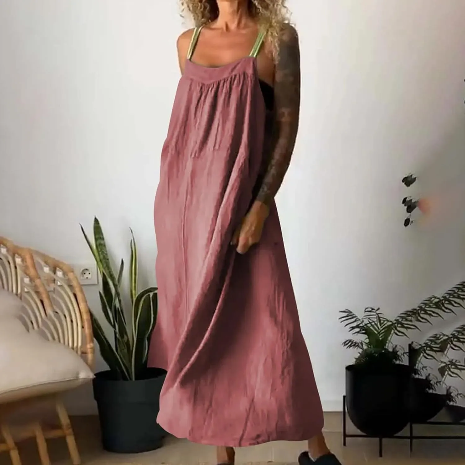 Women Cotton Linen Dress Spaghetti Straps Sleeveless Beach Sundress Solid Color Loose Flowy Maxi Dress 2025 Fashion