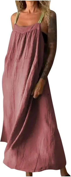 Women Cotton Linen Dress Spaghetti Straps Sleeveless Beach Sundress Solid Color Loose Flowy Maxi Dress 2025 Fashion