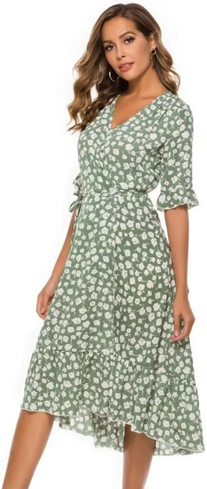 Women Dresses Summer 2024 Floral Side Slit Ruffle Hem Flowy A-Line Dress Casual Ruffle Short Sleeve V Neck Sundress