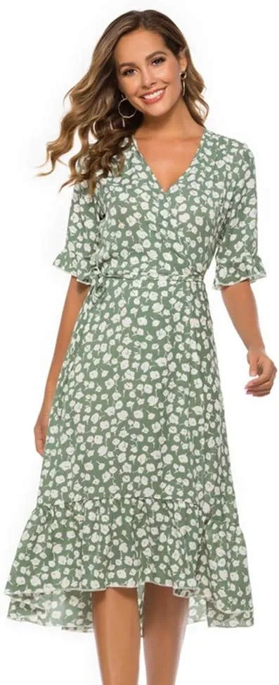 Women Dresses Summer 2024 Floral Side Slit Ruffle Hem Flowy A-Line Dress Casual Ruffle Short Sleeve V Neck Sundress