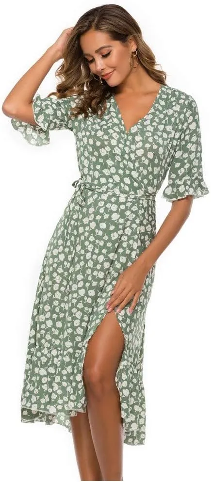 Women Dresses Summer 2024 Floral Side Slit Ruffle Hem Flowy A-Line Dress Casual Ruffle Short Sleeve V Neck Sundress