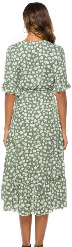 Women Dresses Summer 2024 Floral Side Slit Ruffle Hem Flowy A-Line Dress Casual Ruffle Short Sleeve V Neck Sundress