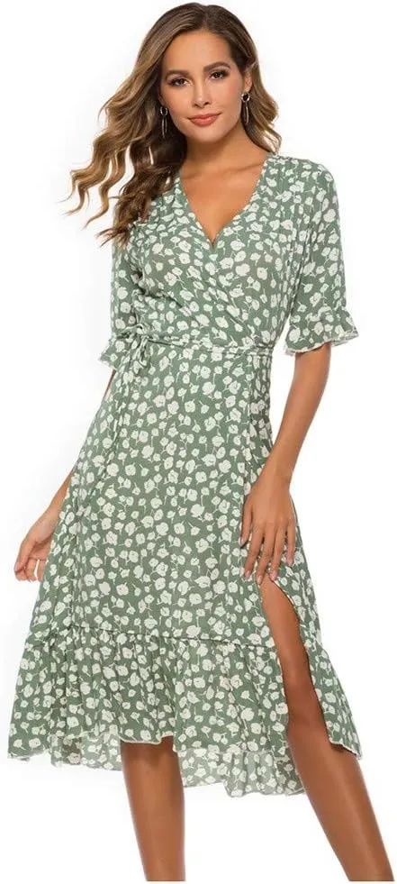 Women Dresses Summer 2024 Floral Side Slit Ruffle Hem Flowy A-Line Dress Casual Ruffle Short Sleeve V Neck Sundress
