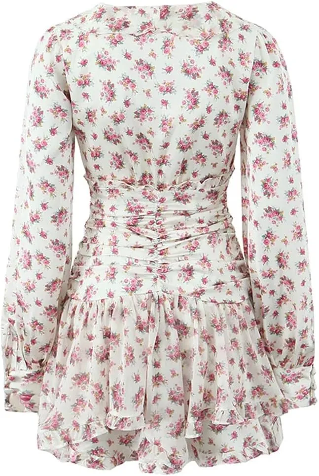 Women Floral Print Ruffle Mini Dress Front Buttons Long Sleeve V Neck A-Line Boho Short Dresses