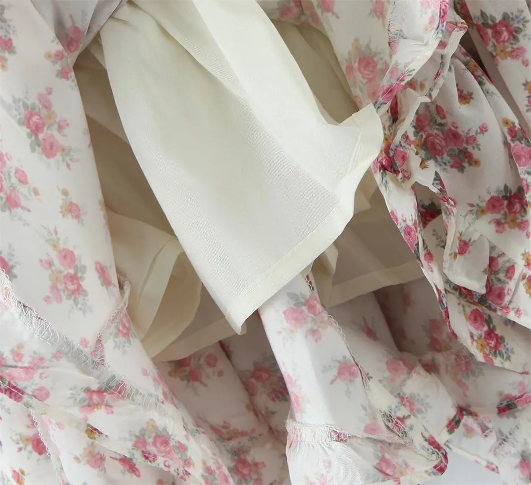 Women Floral Print Ruffle Mini Dress Front Buttons Long Sleeve V Neck A-Line Boho Short Dresses