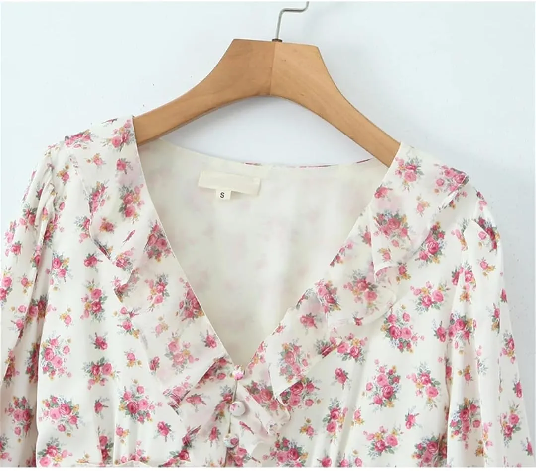 Women Floral Print Ruffle Mini Dress Front Buttons Long Sleeve V Neck A-Line Boho Short Dresses