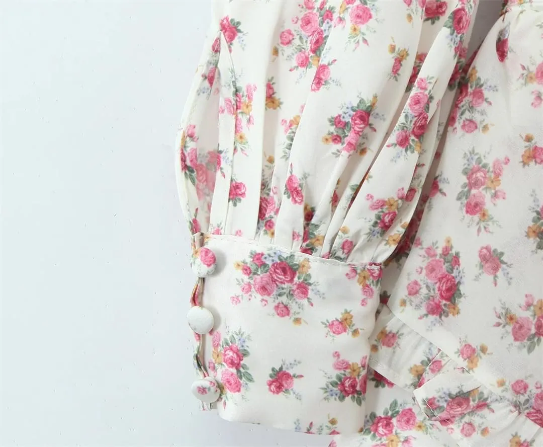 Women Floral Print Ruffle Mini Dress Front Buttons Long Sleeve V Neck A-Line Boho Short Dresses