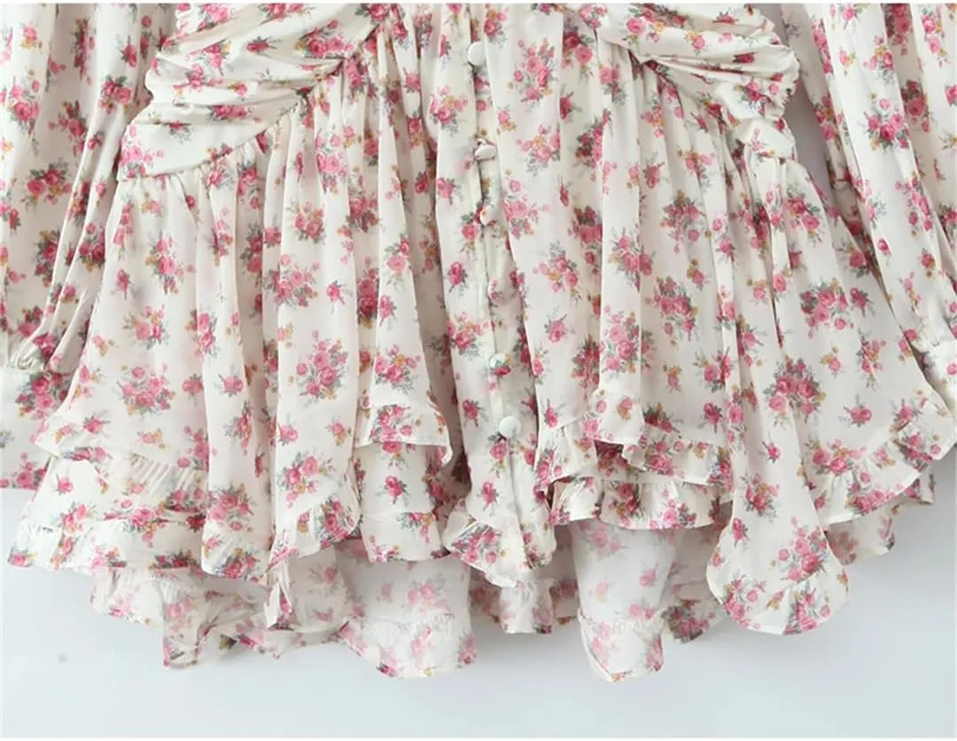 Women Floral Print Ruffle Mini Dress Front Buttons Long Sleeve V Neck A-Line Boho Short Dresses