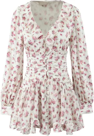 Women Floral Print Ruffle Mini Dress Front Buttons Long Sleeve V Neck A-Line Boho Short Dresses