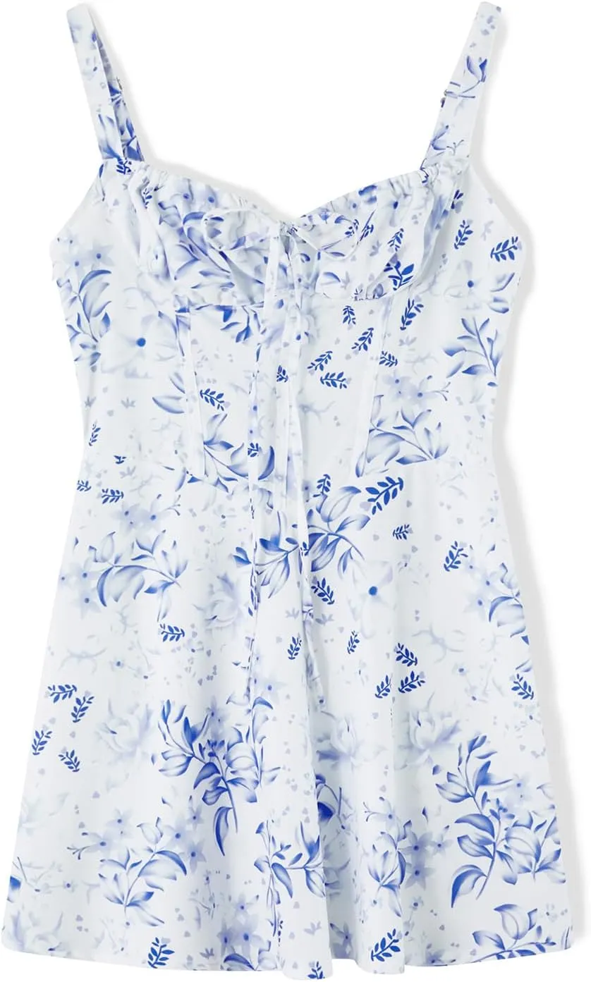 Women Flower Print Low Cut Tie-Up Sleeveless Cami Dress Summer Backless Party Mini Sundress
