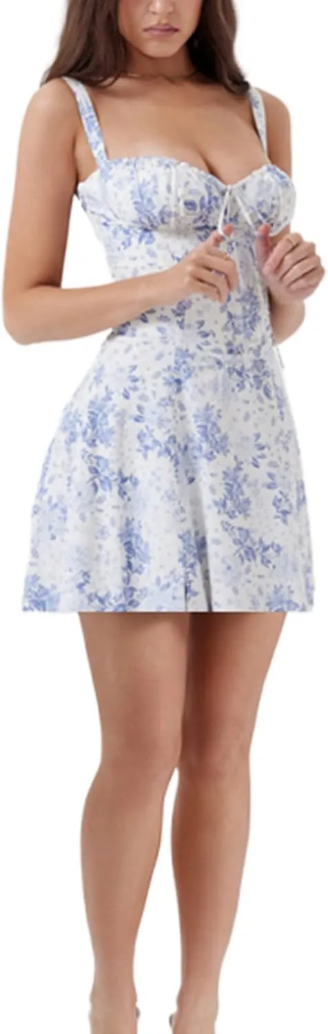 Women Flower Print Low Cut Tie-Up Sleeveless Cami Dress Summer Backless Party Mini Sundress