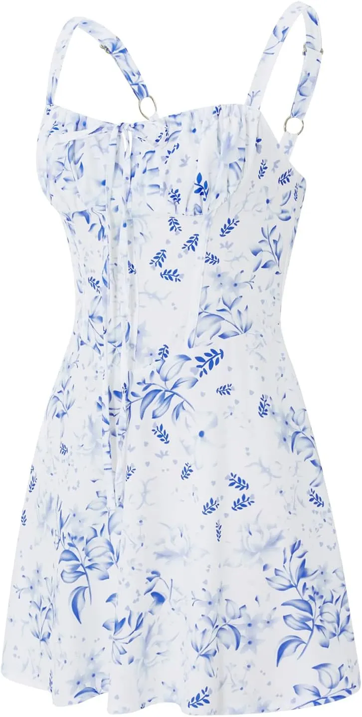 Women Flower Print Low Cut Tie-Up Sleeveless Cami Dress Summer Backless Party Mini Sundress