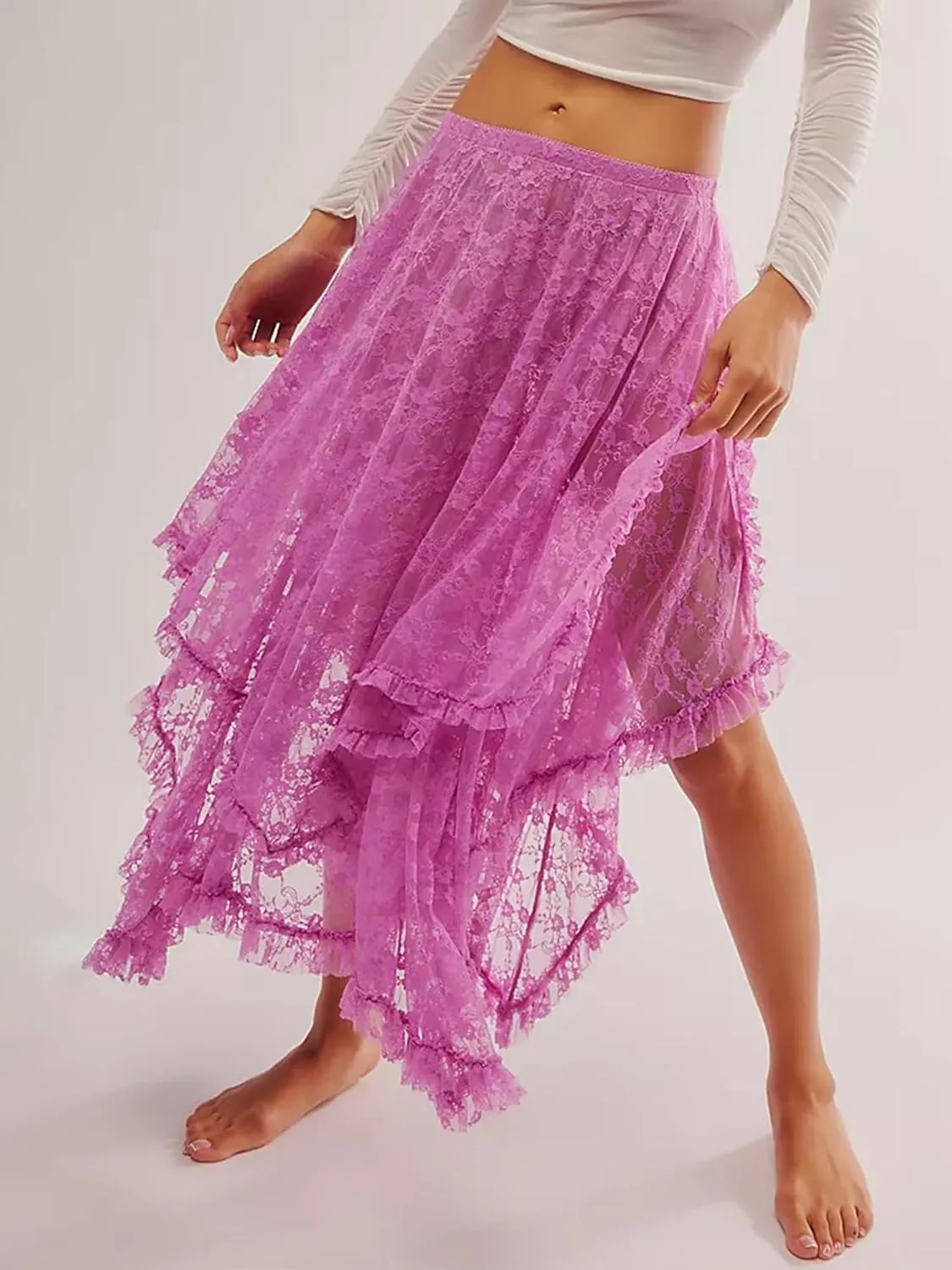 Women Lace Long Skirts Summer Elastic Asymmetrical Layered Hem Sexy See-Through Flowy Beach Floral Maxi Skirts