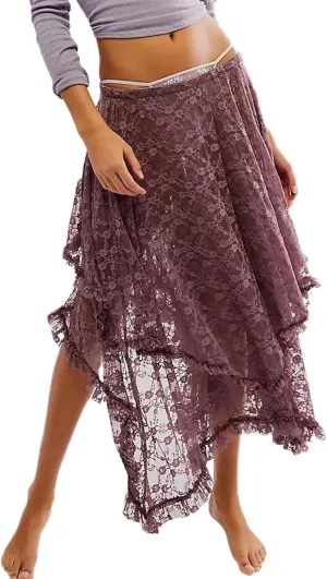Women Lace Long Skirts Summer Elastic Asymmetrical Layered Hem Sexy See-Through Flowy Beach Floral Maxi Skirts