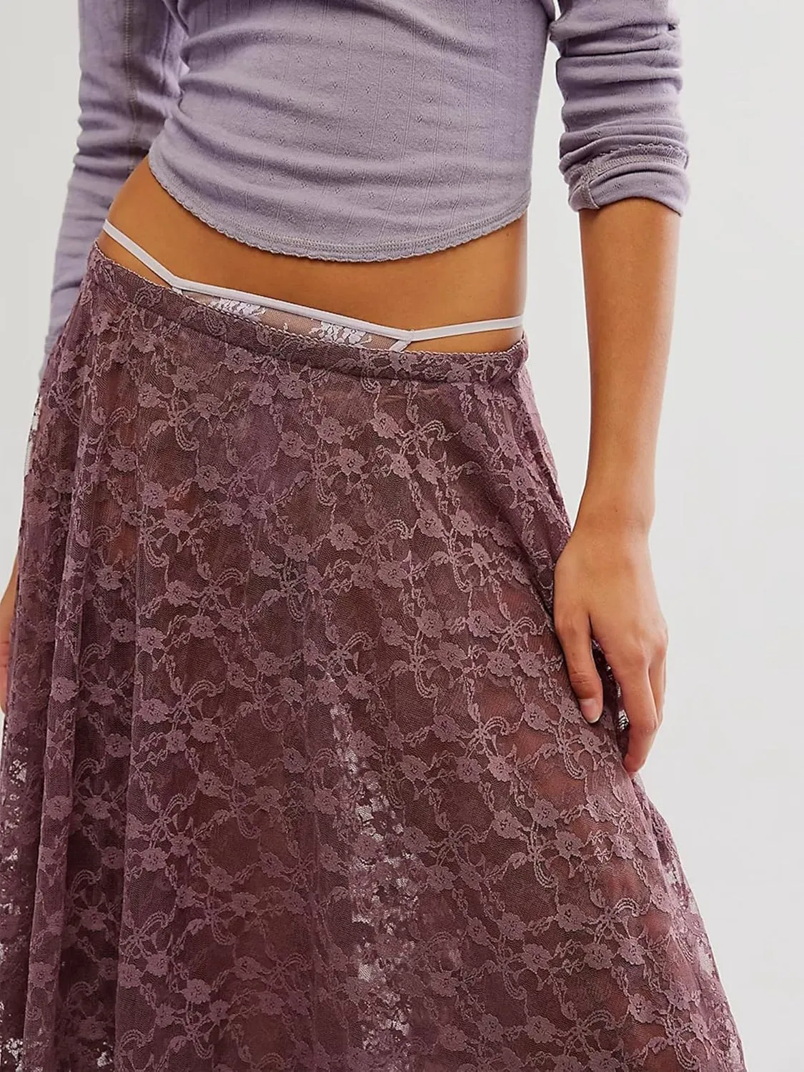 Women Lace Long Skirts Summer Elastic Asymmetrical Layered Hem Sexy See-Through Flowy Beach Floral Maxi Skirts