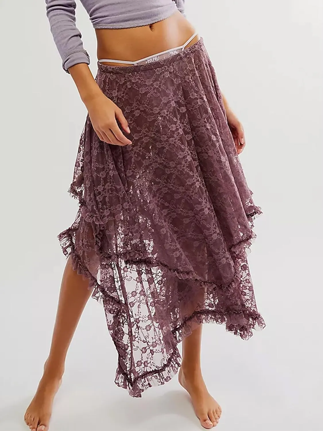 Women Lace Long Skirts Summer Elastic Asymmetrical Layered Hem Sexy See-Through Flowy Beach Floral Maxi Skirts