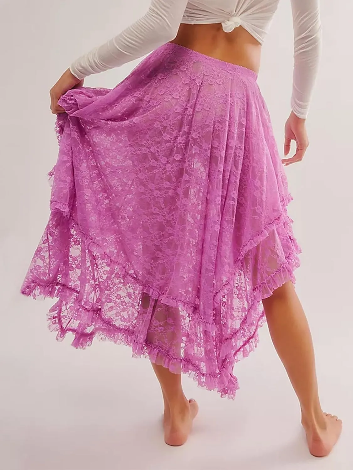 Women Lace Long Skirts Summer Elastic Asymmetrical Layered Hem Sexy See-Through Flowy Beach Floral Maxi Skirts