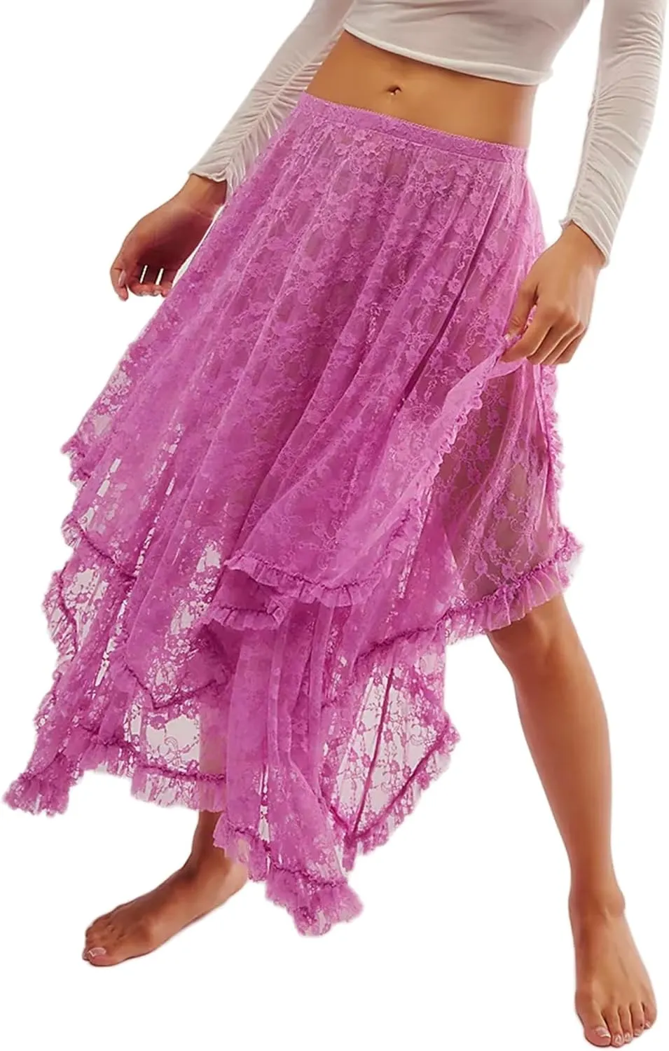 Women Lace Long Skirts Summer Elastic Asymmetrical Layered Hem Sexy See-Through Flowy Beach Floral Maxi Skirts