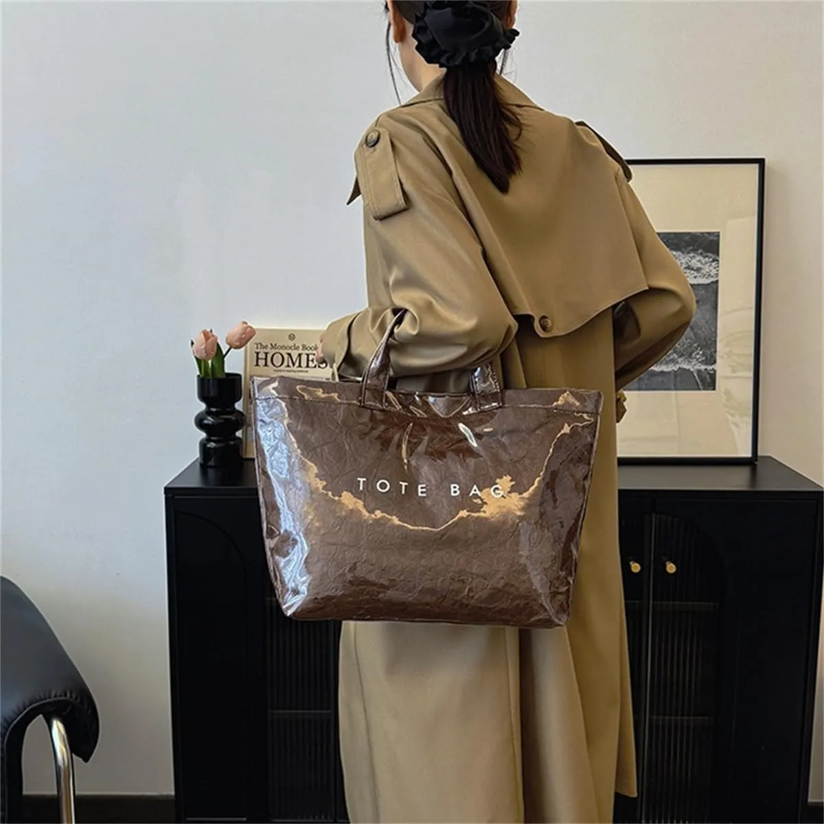 Women Letters Print Tote Bag,Fashion Kraft Paper Clear Plastic Handbag,Solid Color Large Capacity Waterproof PVC Work Bag